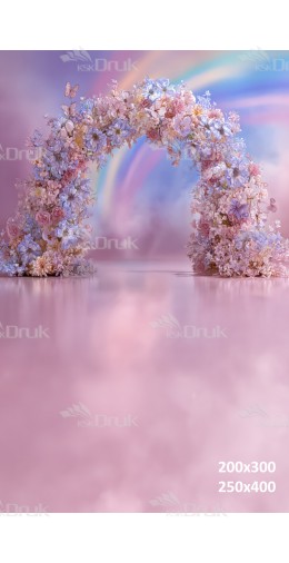 Tło fotograficzne pastelowa kwiatowa brama z tęczowym tłem | E564